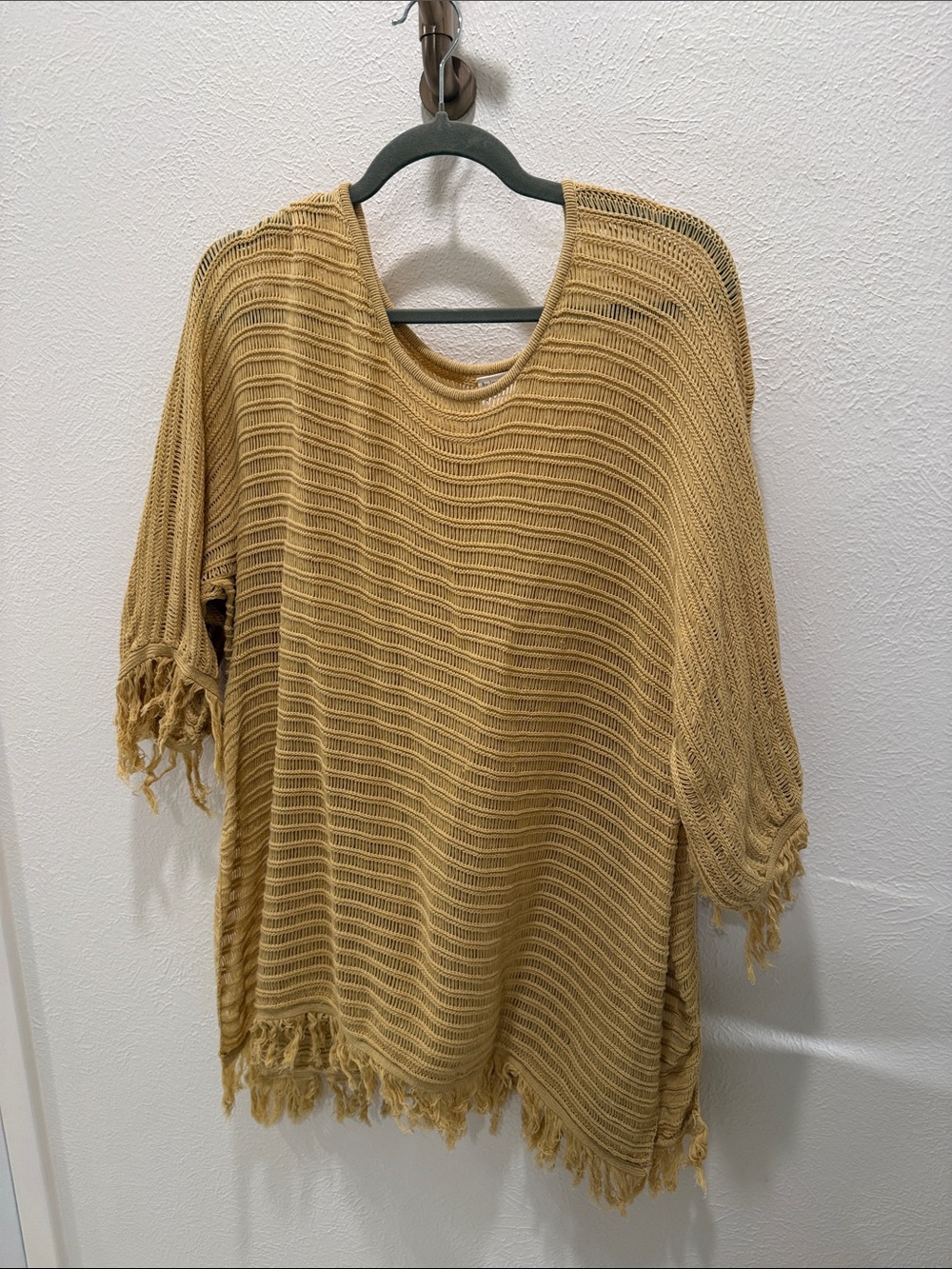 By Together Mustard Open-Knit Fringe Poncho Sweater